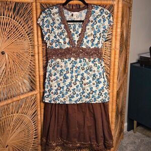 Vtg Y2K Limited Too Girl 20 Jr Medium Floral Lace Sequin Babydoll Top Blue Brown